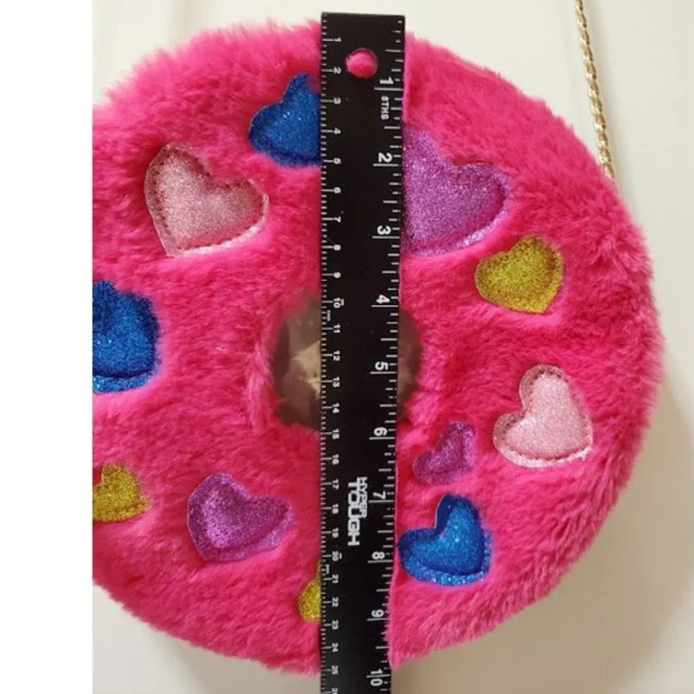 NWT Fuzzy Hot Pink Donut Crossbody Bag Glitter Hearts B Rosy Barbiecore Kidcore